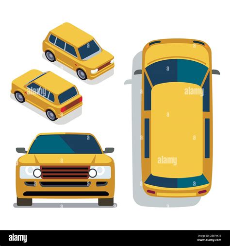 Vector flat-style cars in different views. Yellow isometric suv car ...