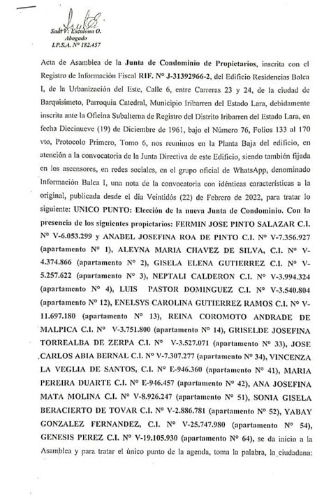 Acta De Asamblea De La Junta De Condominio De Propietarios Del Edificio