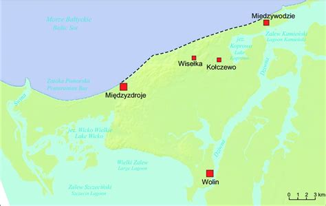 Mapa Wyspy Wolin Z Otaczającymi Wodami Czarną Przerywaną Linią