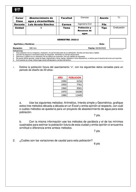 Evaluacion T1 2022 2 Abastecimiento De Agua Curso Clase