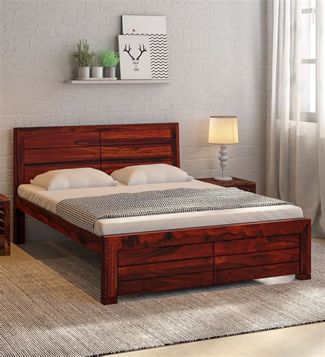 Buy Segur Sheesham Wood Queen Size Bed In Honey Oak Finish Online