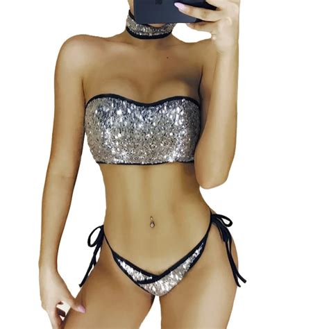 Sexy Sequins Bandeau Swimwear Women Bikini Top Bandage Bottom Beach