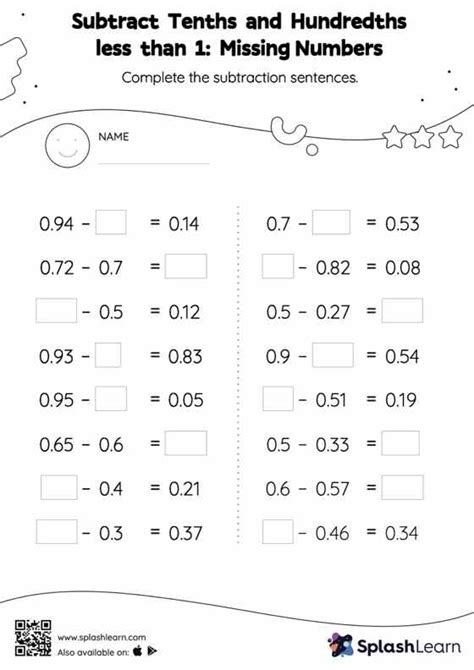 Subtract Tenths And Hundredths Less Than 1 Missing Numbers Worksheet