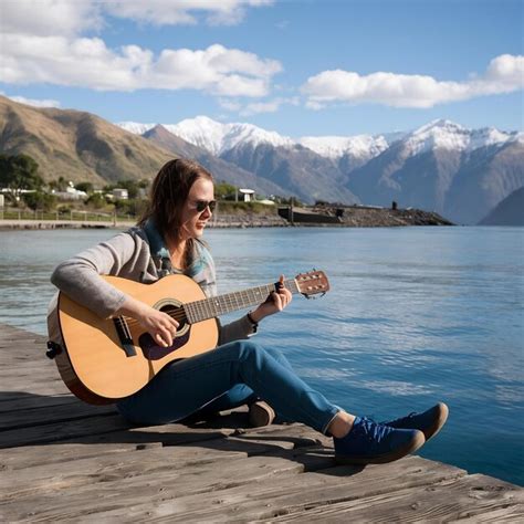 Vertical Shot Of A Female Sitting On The Pier Playing The Guitar In