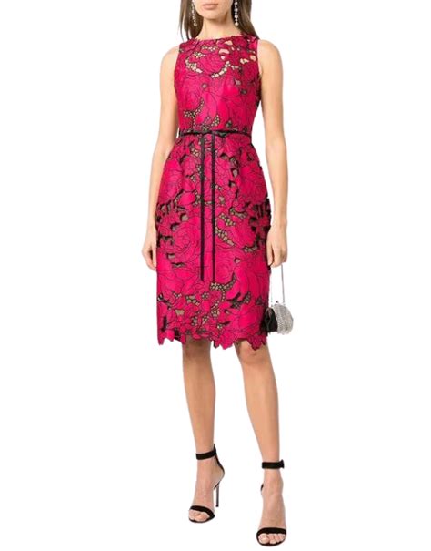 Floral Lace Semi Sheer Midi Dress Fuchsia Red Mn