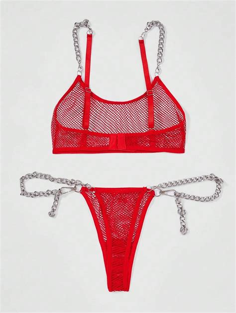 Romwe Grunge Punk Womens Hollow Out Lingerie Set With Chain Decoration