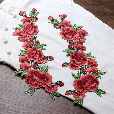 A Pair Peony Embroidered Applique Patch Floral Patch Applique Large