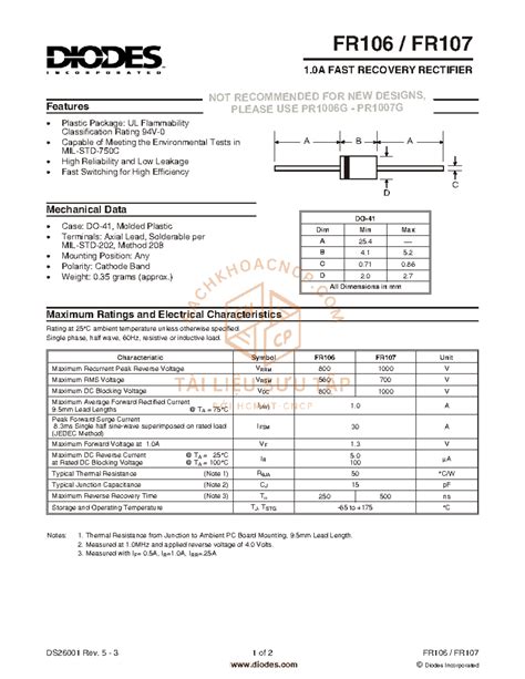 FR 107 Datasheet Data Sheet DS26001 Rev 5 3 1 Of 2 FR106 FR