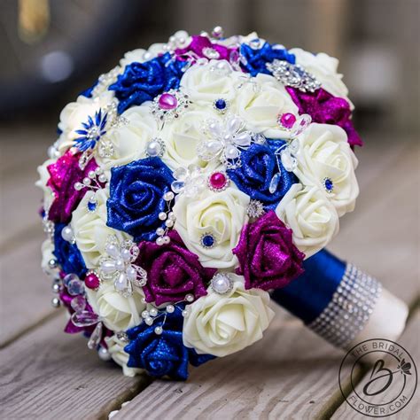 Royal blue and fuchsia pink jeweled wedding bouquet – The Bridal Flower ...