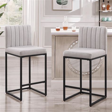 24KF Upholstered Modern Set of 2 Bar Chairs with Backrest,Linen Fabric ...