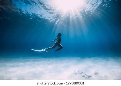 Naked Woman Freedive Fins Swimming Blue Stock Photo