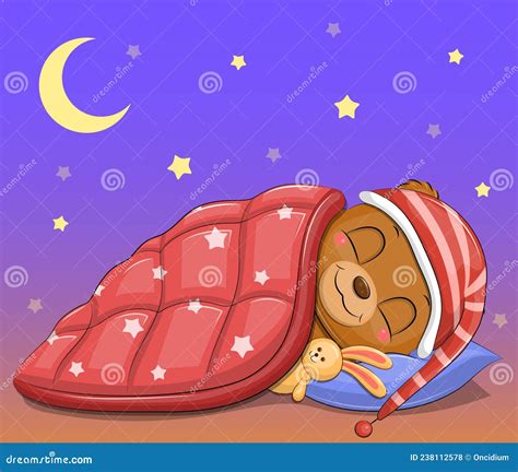 Cute Cartoon Sleeping Bear With A Red Cap And Blanket Stock Vector