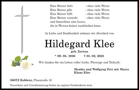 Traueranzeigen Von Hildegard Klee Rz Trauer De