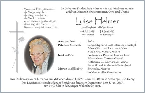 Traueranzeigen Von Luise Helmer Augsburger Allgemeine Zeitung