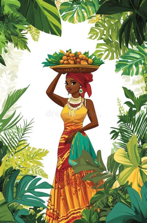 African Woman Carrying A Basket Of Fruits On Her Head Surrounded By