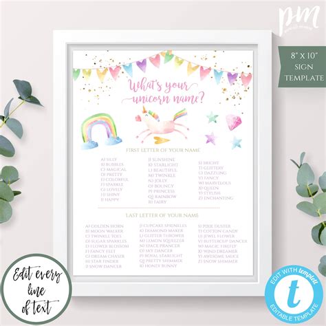 What's Your Unicorn Name Birthday Activity Sign Template 8 - Etsy