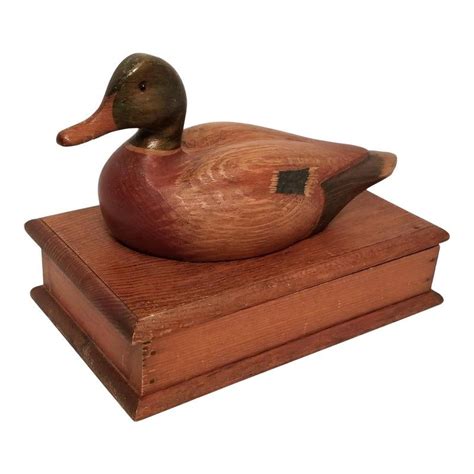 Vintage Mid Century Modern Wooden Box With Carved Mallard Duck Decoy