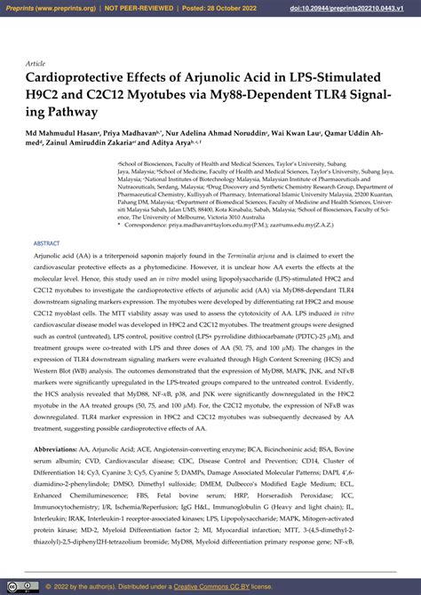 PDF Cardioprotective Effects Of Arjunolic Acid In LPS Stimulated H9C2