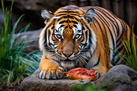 tigre qui mange  morceau de viande photo premium