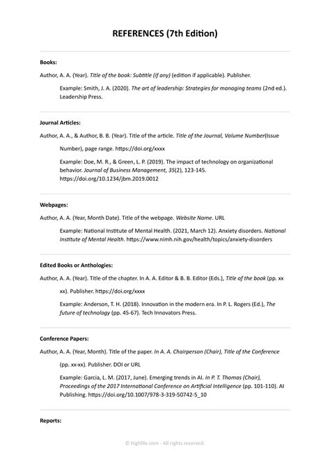 APA Reference List (7th Edition) - Word | Google Docs - Highfile