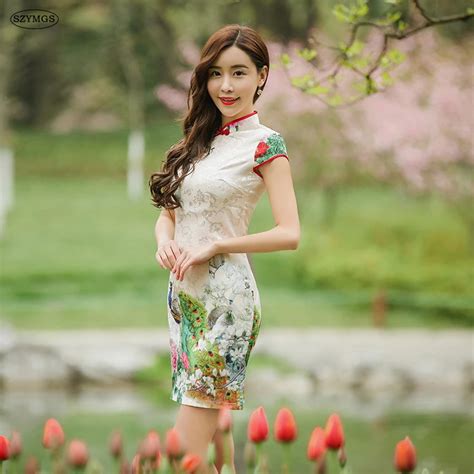 Print Peacock Vintage Traditional Chinese Women Slim Short Sleeve Cheongsam Qipao Dress Mandarin