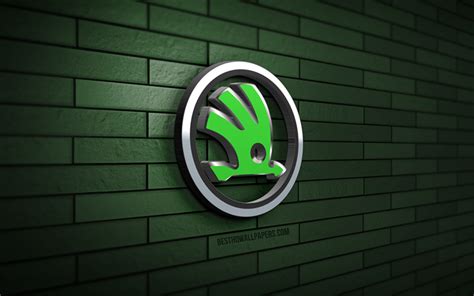 Download Wallpapers Skoda 3d Logo 4k Green Brickwall Creative Cars