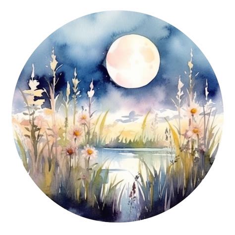 Premium Photo Watercolor Full Moon In A Circle With Flowers