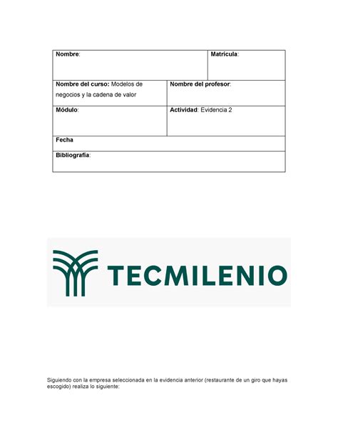 Modelos De Negocios Y La Cadena De Valor Evidencia Nombre