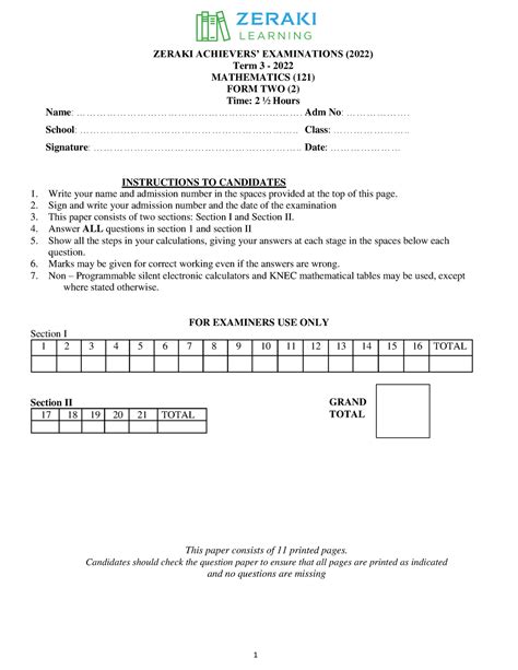 Mathematics Mathematics Form Question Paper Zeraki Achievers