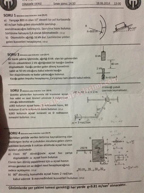 Dinamik Dersi Bütünleme Soruları ve Cevapları 2014 Vize ve Final