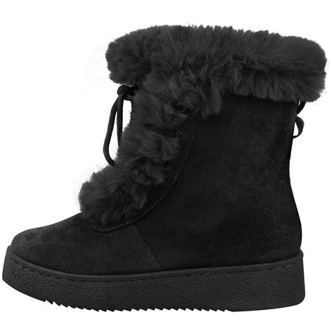 Womens Ladies Flat Faux Fur Lining Winter Bow Ankle Boots Low Heel