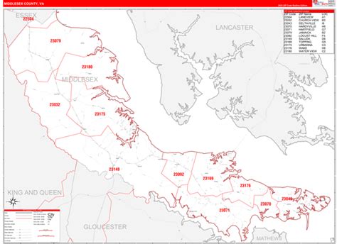 Middlesex County, VA Zip Code Wall Map Red Line Style by MarketMAPS ...