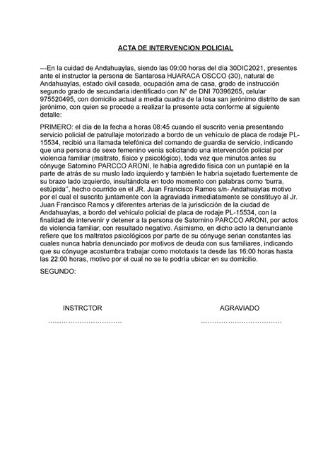 Acta De Intervencion Acta De Intervencion Policial En La Cuidad De