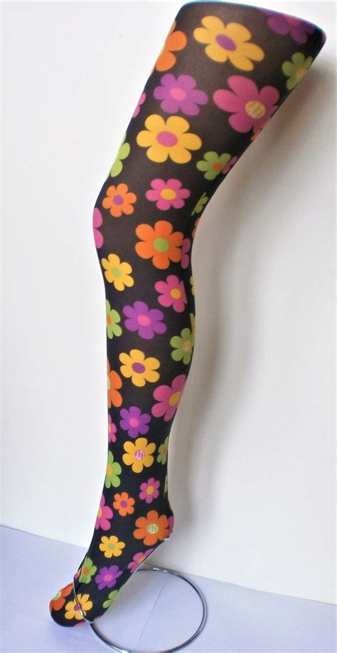 Sixties Flower Power Daisy Printed Tights Funky Trippy 60 S 70 S Hippie Alternative Pop Art