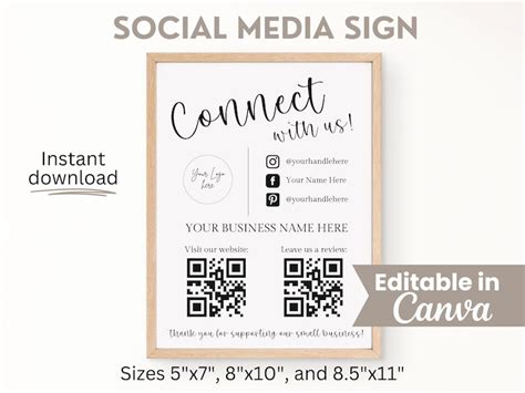 Social Media Sign Template Qr Code Sign Editable Small Etsy