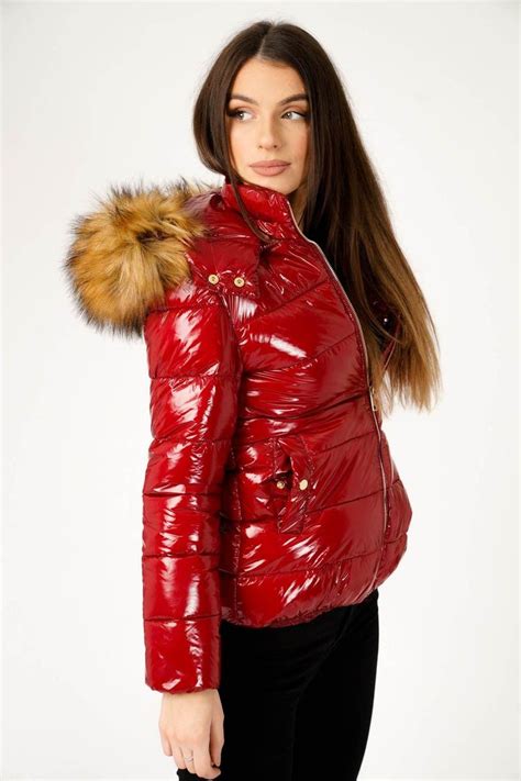 Wet Look Padded Jacket With Faux Fur Hood In Shiny Red In 2020 Faux