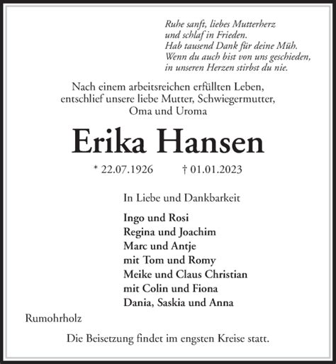 Traueranzeigen Von Erika Hansen Trauer Anzeigen De