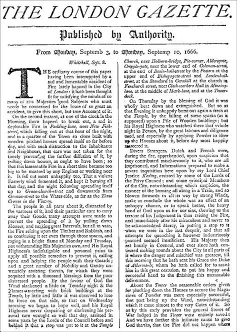 Newspaper article on the 1666 London fire. | The london gazette, Great ...