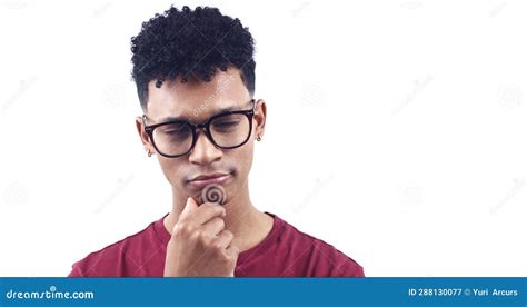 Man Glasses And Thinking Face In Studio Planning Future Ideas Or