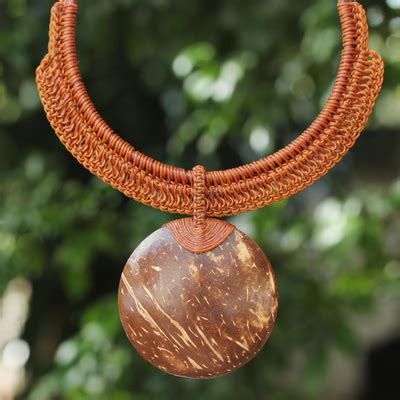 Burnt Orange Leather And Coconut Shell Statement Necklace Rustic Moon