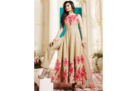 Buy Drashti Dhami Beige Color Italian Silk Party Wear Anarkali Kameez