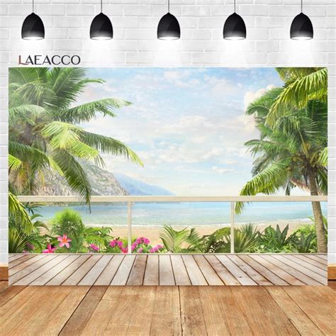 Laeacco Summer Seaside Tropical Beach Balcony View Backdrop Palm Trees