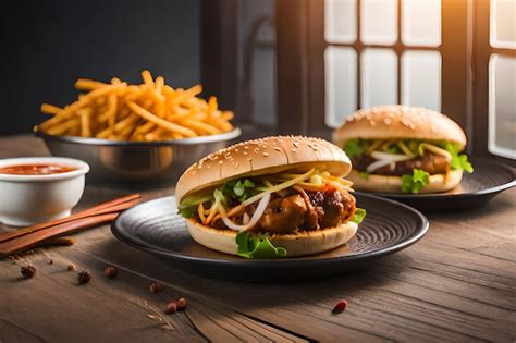 Dos Hamburguesas En Una Mesa Con Un Plato De Papas Fritas Foto Premium