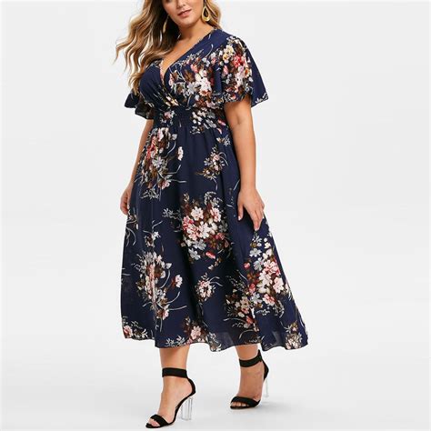 Patlollav Womens Plus Size Dresseswomens Floral Print V Neck Short