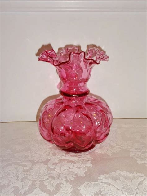 Fenton Cranberry Glass Vase Vintage Ruffled Edge Diamond Optic Melon Cranberry Glass Vase