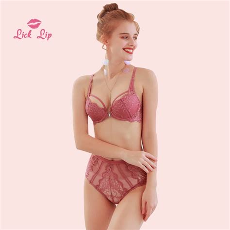 Lick Lip Sexy Underwire Lingerie 3 4 Cup Bra Set Panties Women Push Up