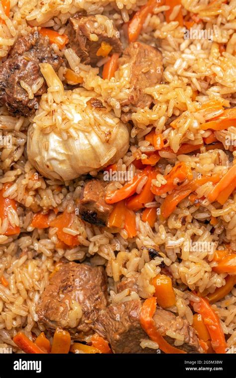 Pilaf Close Up Oriental Cuisine Concept National Uzbek Pilaf With