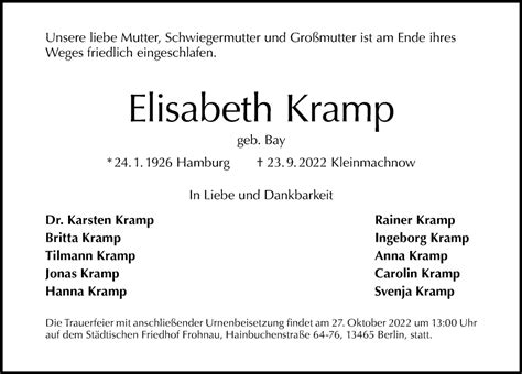 Traueranzeigen Von Elisabeth Kramp TRAUERinBERLIN De