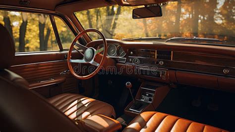 Vintage Car Interior with Old Leather Seats and Steering Wheel. Stock ...