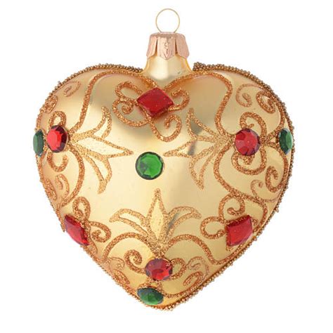 Heart Shaped Bauble In Gold Blown Glass With Stones 100mm Online